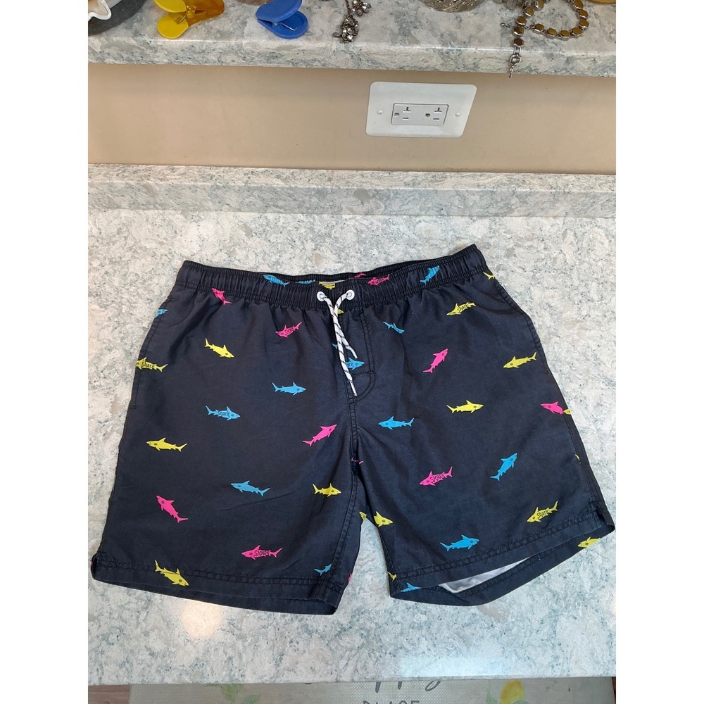 Maamgic Swim Trunks Large Black Neon Shark Print Mesh‎ Lined Drawstring Shorts